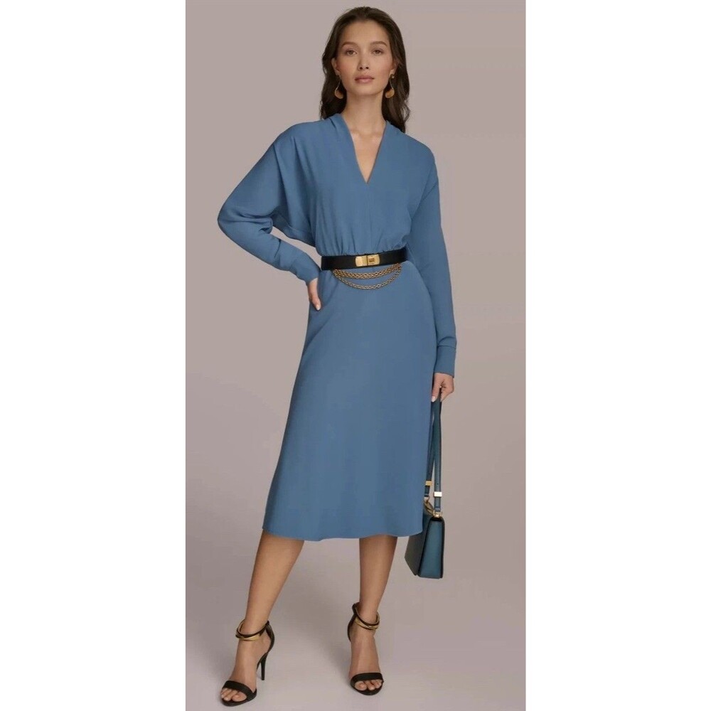Donna Karan New York Dress Women 14 Blue Midi Belted Gold Chain Long Sleeve NWT